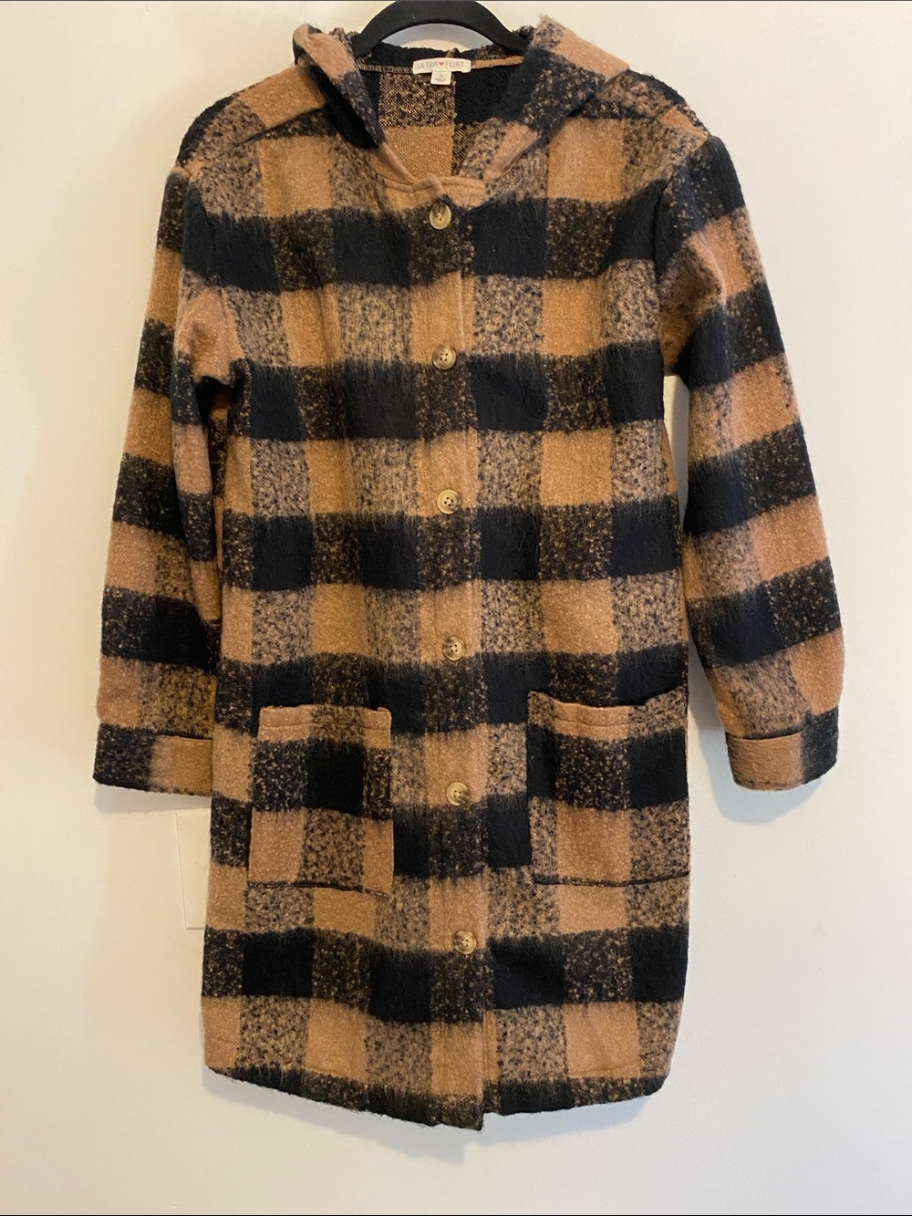 Plaid Hooded  long button down sweater/jacket in Camel & Black, front pockets